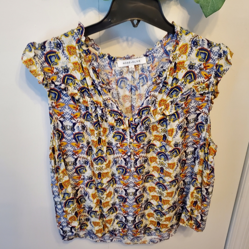 Rose and Olive multicolored blouse with fluttery sleeve, XL